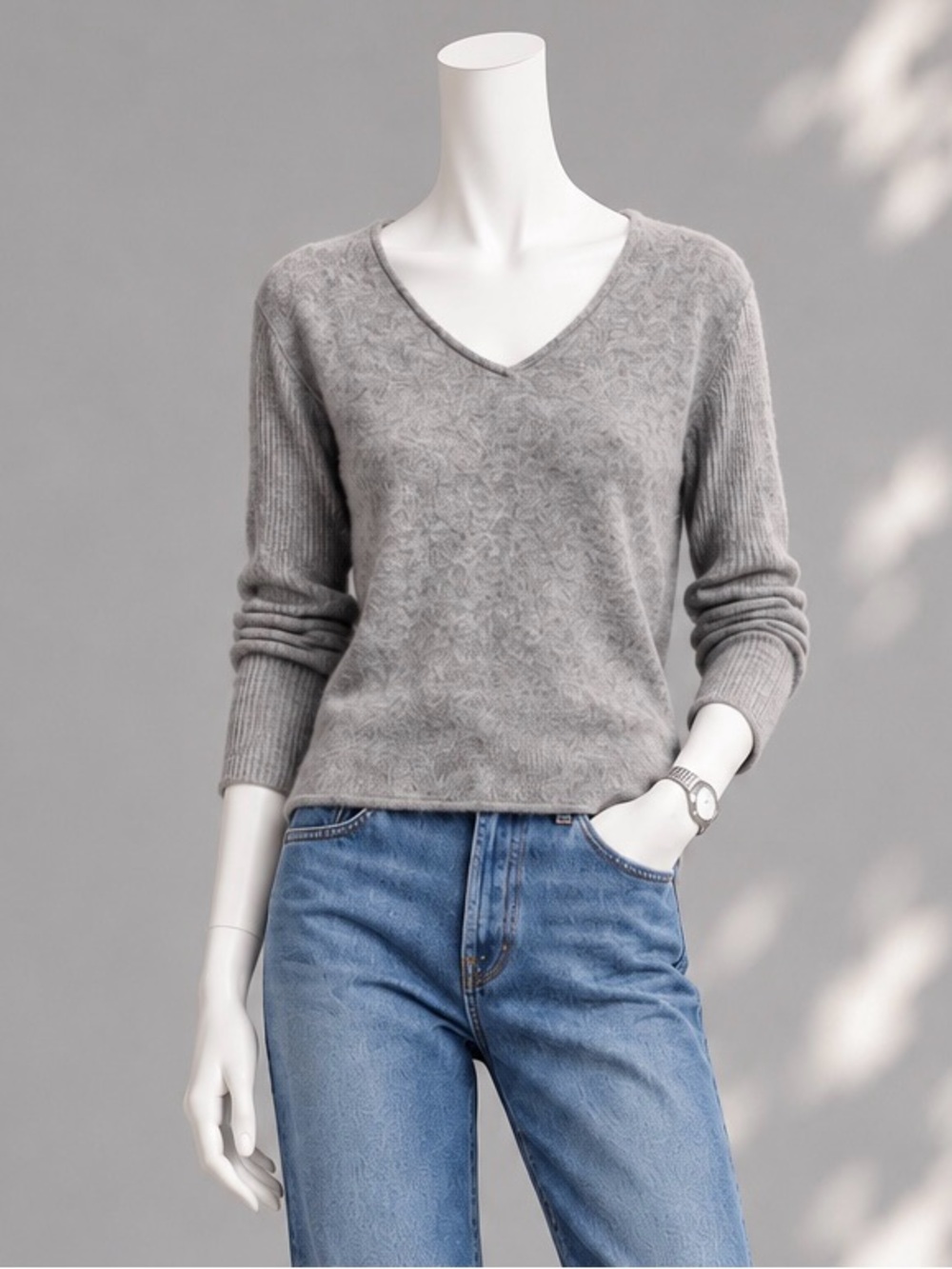 Sundance 100% Cashmere Sweater S Gray V-Neck Quiet Luxury Ribbed Sleeve